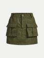 SHEIN Kids Cooltwn Girls' Basic Solid Color Woven Short Sports & Casual Skirt With Utility Design