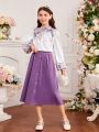 SHEIN Kids CHARMNG Teenage Girls' Mandarin Collar Flower Pattern Lantern Sleeve Shirt And Button Decorated Skirt Two Piece Set