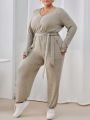 SHEIN Essnce Women's Plus Size Solid Color Zipper Half Placket Jumpsuit With Elastic Hem
