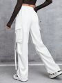 SHEIN PETITE Women's Drawstring Waist Flap Pocket Cargo Pants, Long