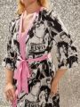 Elvis Presley X SHEIN Character Printed Contrast Trim Belted Robe