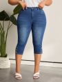 SHEIN LUNE Women's Plus Size Water Washed Skinny Buttoned 3/4 Length Jeans