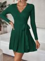 SHEIN LUNE V-neck Pleated Hem Belted Sweater Dress