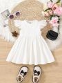 SHEIN Baby Girls' Casual Solid Color Short Sleeve Waist-controlled Dress With Lace Trim