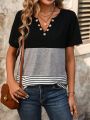 Button Decorated Notched Collar Striped Color-Block T-Shirt