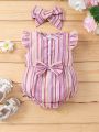 Baby Girl's Striped Bodysuit With Bowknot Front And Ruffled Hem For Summer