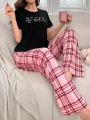 Women'S Letter & Heart Printed Short Sleeve Top Plaid Pants Pajama Set