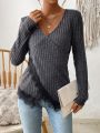 Lace Spliced V-Neck Long Sleeve Casual T-Shirt