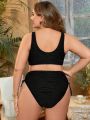 SHEIN Swim Chicsea Plus Size Women'S Solid Color V-Neck Bikini Swimsuit Set