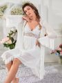 Ruffle Trim Flounce Sleeve Robe & Contrast Lace Cami Sleep Dress PJ Set