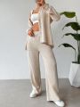 SHEIN Essnce Khaki Casual Loose Shirt And Wide Leg Pants Women'S 2pcs Set, Fashionable And Versatile