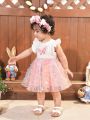 SHEIN Baby Girl's Elegant Romantic Knitted Butterfly Pattern Patchwork Dress With Butterfly Applique And Mesh Overlay