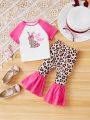 SHEIN Infant Girls' Cute Rabbit Leopard Print Colorblock Short Sleeve Top And Flared Pants Set