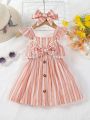 SHEIN Baby Girls' Casual Retro Elegant Striped Fabric Bowknot Decorated Dress For Holiday And Going Out