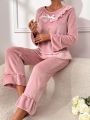 Contrast Lace Ruffle Trim Flounce Sleeve Bow Front Flannelette PJ Set