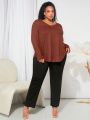 SHEIN CURVE+ Plus Size V-neck Waffle Pattern Long Sleeve T-shirt