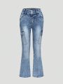 Girls' Mid-Rise Stretch Bootcut Jeans In Medium Wash With Flap Pockets And Contrast Side Seam