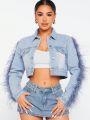 Anania Fuzzy Trim Sleeve Crop Denim Jacket