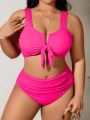 SHEIN Swim Vcay Plus Size Women'S Front Knot Wide Strap Swimsuit Set