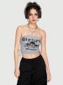 ROMWE Grunge Punk Women's Skull & Letter Printed Strapless Crop Top With Drawstring