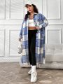 Plaid Print Drop Shoulder Flap Pocket Drop Shoulder Longline Oversized Shirt