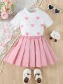 SHEIN Kids EVRYDAY Young Girl Cute Lovely Heart Decor T-Shirt And Pleated Skirt Set