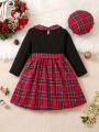 2-piece set of retro patchwork plaid dress for girls, fashionable bow belt, plaid beret, children's autumn and winter party clothing