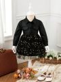 Faux Leather Jacket And Starry Golden Mesh Skirt Set For Baby Girls