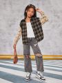 SHEIN Tween Girls' Woven Plaid Patchwork Casual Long Sleeve Shirt