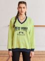 Street Sport Letter Print Contrast Trim V-Neck Sweatshirt