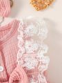 SHEIN Newborn Baby Girls' Patchwork Embroidered Mesh Dress With Bow Decoration