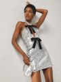 Angela Mastrolia SHEIN X Angela Mastrolia Sequins Silver Dress With Black Velvet Bows