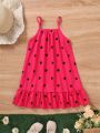 Girls' (little) Polka Dot Printed Spaghetti Strap Dress With Ruffle Hem