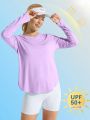 Women's Purple Sun Protection Long Sleeve T-shirt With Split Hem Detail Below Neckline