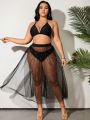 SHEIN Swim BAE Plus Size Pearl Beaded Mesh Perspective Cover Up