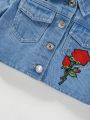 Girls' Vintage Personalized Rose Embroidery Denim Loose Fit Two Piece Set