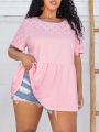 SHEIN CURVE+ Plus Size Solid Color Hollow Out Embroidered Patchwork T-Shirt