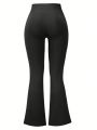 2pcs Solid Wide Waistband Flare Leg Sports Pants