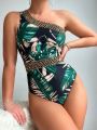 Women'S One Shoulder Sleeveless Tropical Printed One Piece Swimsuit