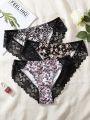 SHEIN 3pcs/set Ladies' Floral Print Lace Trimmed Triangle Panties