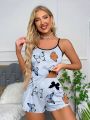 Butterfly Print Contrast Binding Lettuce Trim Cami Top & Shorts PJ Set