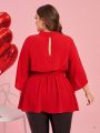 SHEIN Clasi Red Stand Collar Waist Loose Cuffs Plus Size Shirt