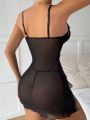 Women'S Wireless Lace Spliced Mesh Sexy Cami Slip Dress With T-Back Panties