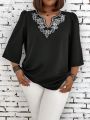 Plus Size Floral Embroidery Patchwork Shirt With Notched Collar