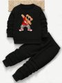 2pcs/set Toddler Boys' New Trendy Sports Casual Bear Printed Long Sleeve Sweatshirt And Pants, Autumn And Winter