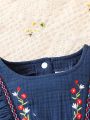 Summer Baby Girl'S 1pc Embroidered Flower Short Sleeve Textured Dress