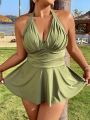 SHEIN Swim Classy Plus Size Ruched Backless Halter Top And Triangular Pants Bikini Swimsuit Set