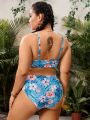 SHEIN Swim Vcay Plus Size Women'S Plant Printed Three Piece Swimsuit