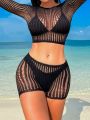 SHEIN Swim BAE Women's Short Fishnet Cardigan Set