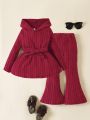 SHEIN Kids EVRYDAY Little Girls' Solid Color Ribbed Knit Hoodie Top With Waist Belt And Flared Pants Set